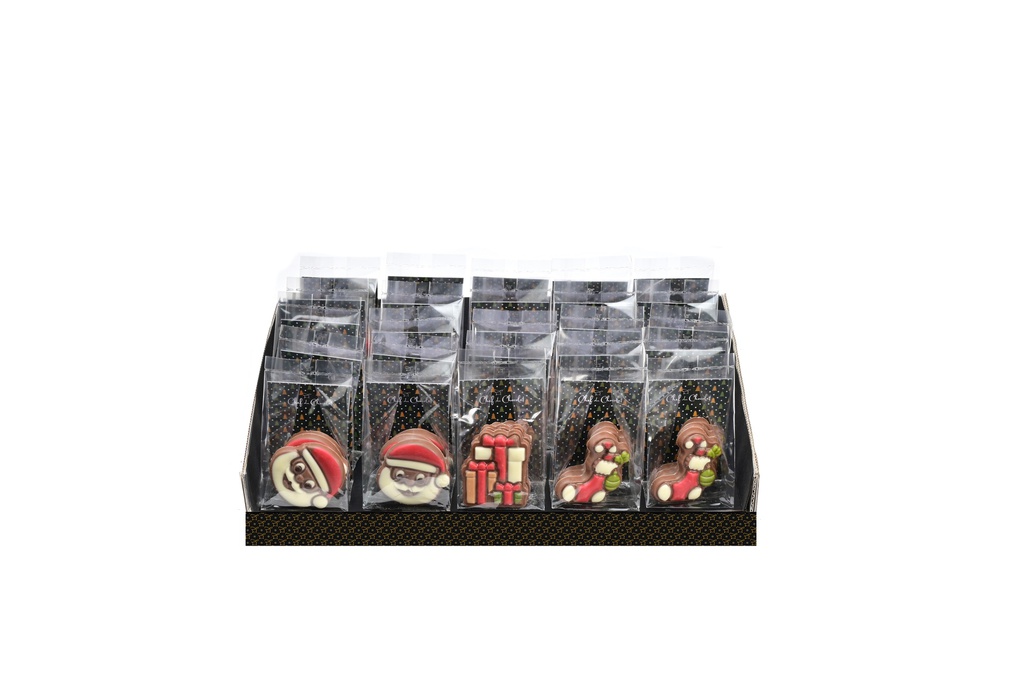 Display petits sachets choc lait Noël 3 décors 45gx25