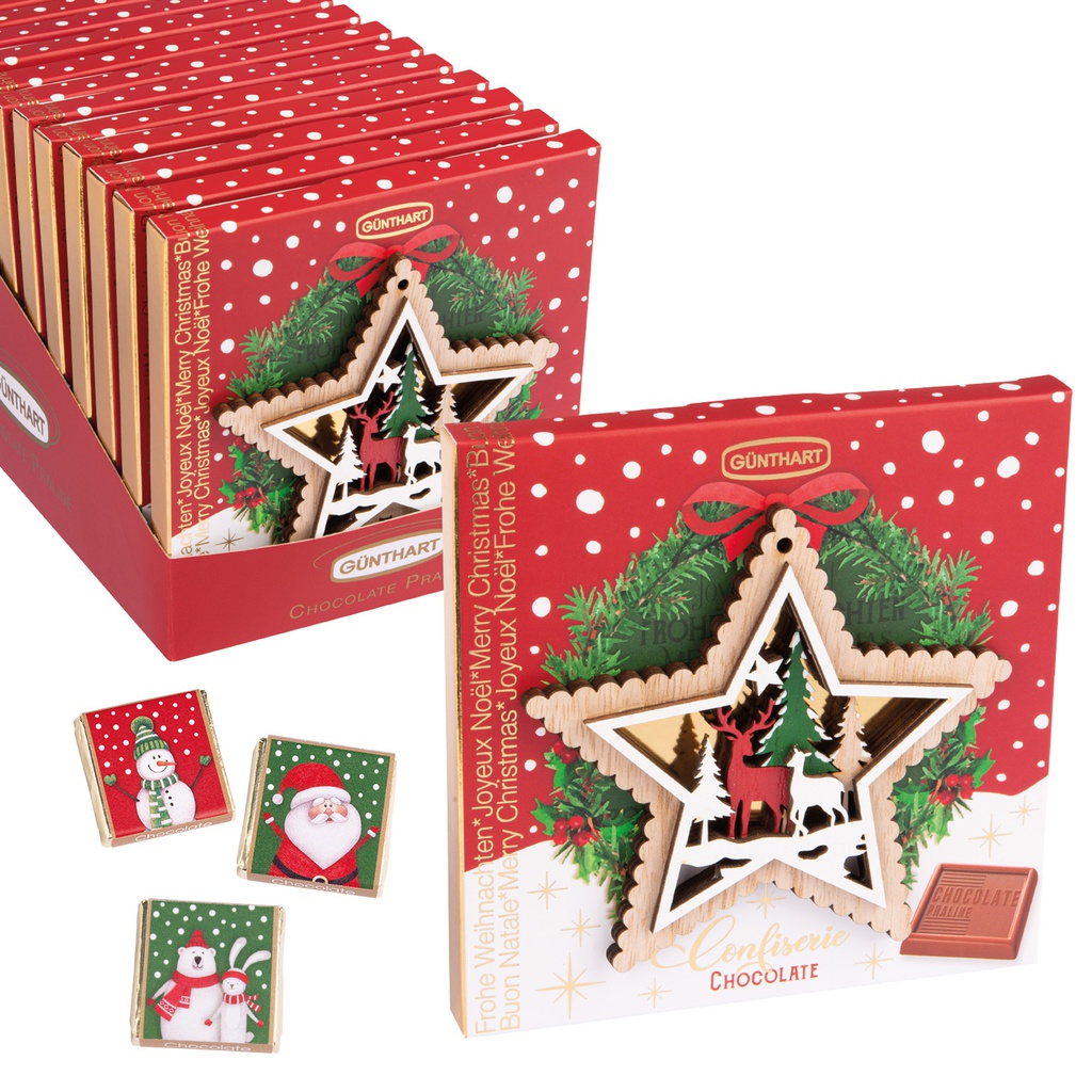Etoile de noël bois sur étui 9 napolitains 75gx12