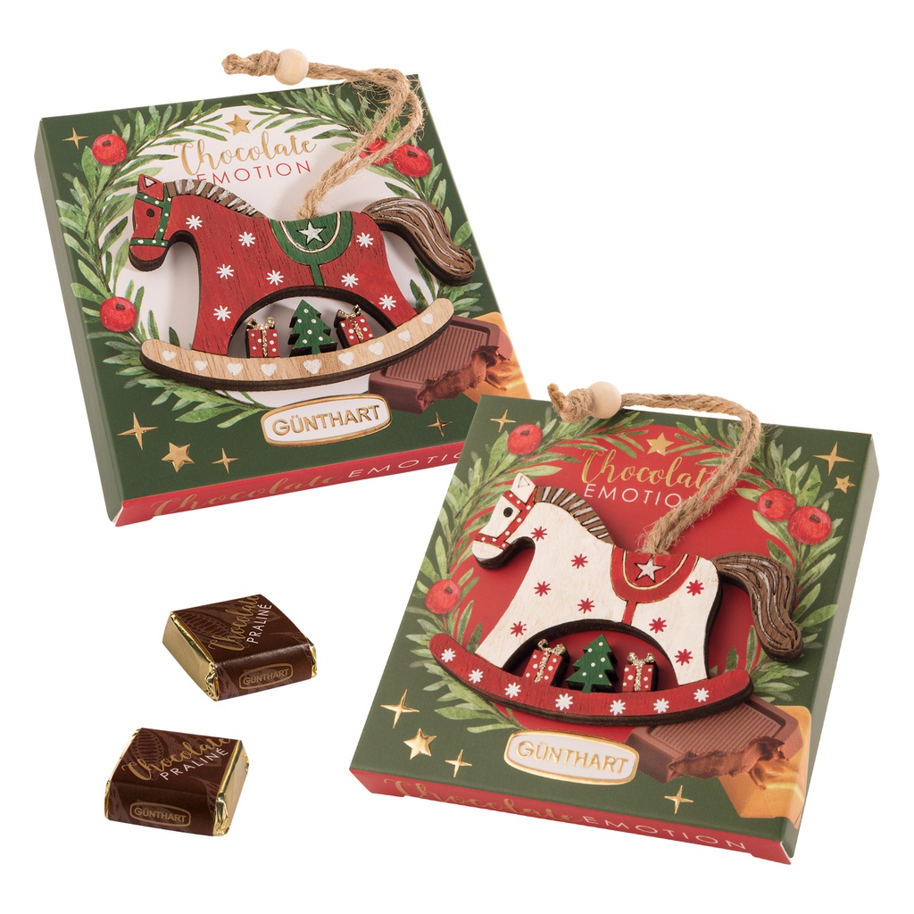 Cheval à bascule noël bois sur étui 4 napolitains 36gx10