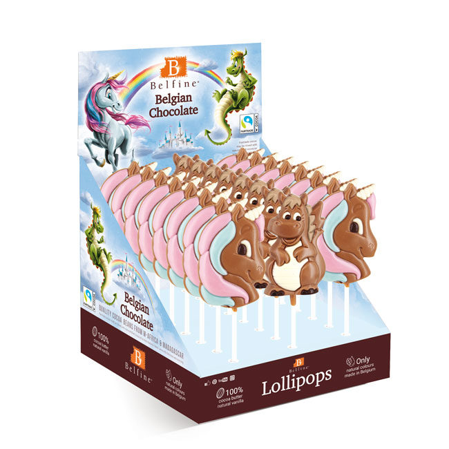 Sucettes choc lait 16 Licornes 8 dragons 25gx24